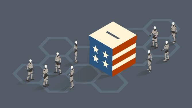 A group of robots gathered around a ballot box