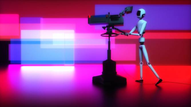 a robot operates a TV camera in front of a pink and red background
