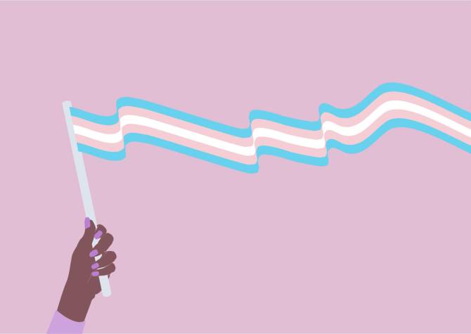 illustration of a hand holding up a long streamer-like trans pride flag on a pink background