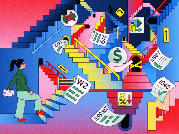 A nonsensical array of staircases with graphics representing tax issues