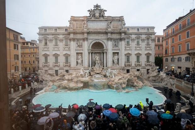 A general view of the Trevi Fountain on the day of its reopening ceremony following a three-month clean-up. 