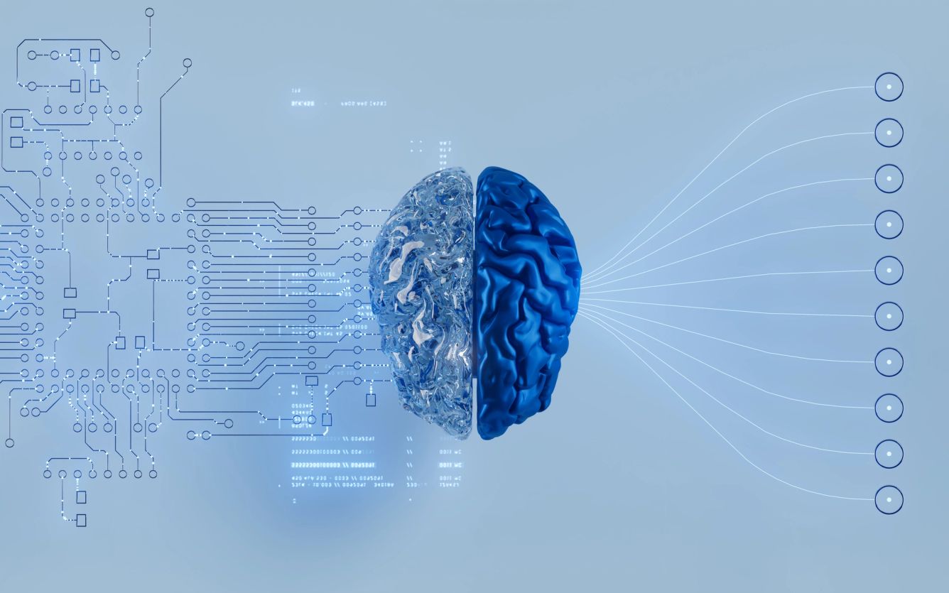 A stylized brain plugged into circuitry diagrams