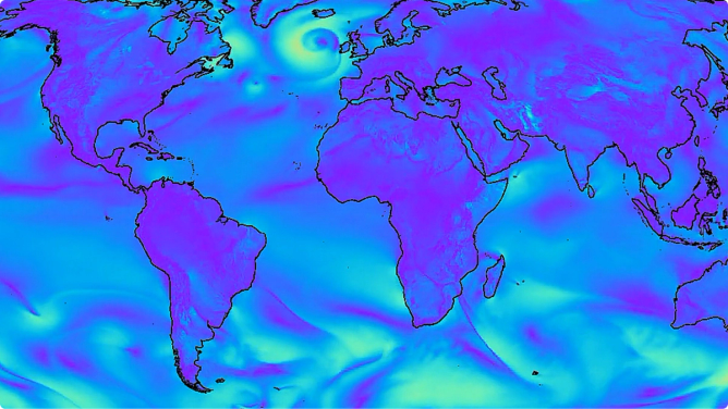 An image of a world map with a forecast superimposed.