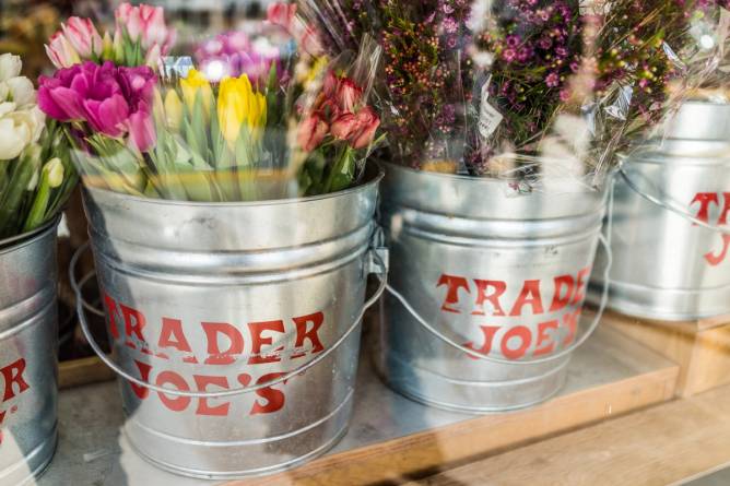 Flowers in two buckets with Trader Joe's logos.