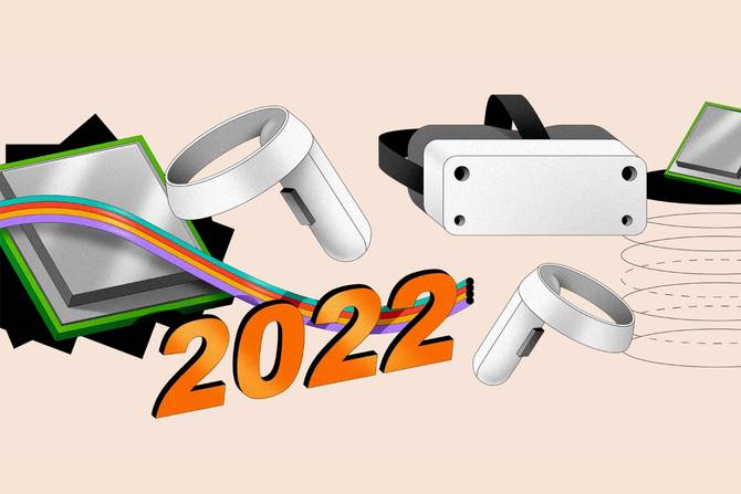 collage of emerging technologies like a VR controller, microchip, and VR headset