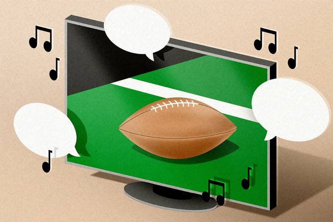 a tv screen with a football on it. surrounding the screen are music notes and speech bubbles