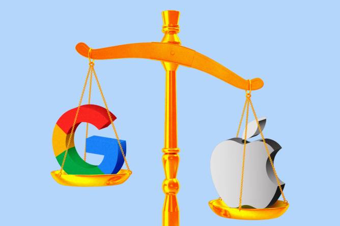Scale holding Google and Apple logos