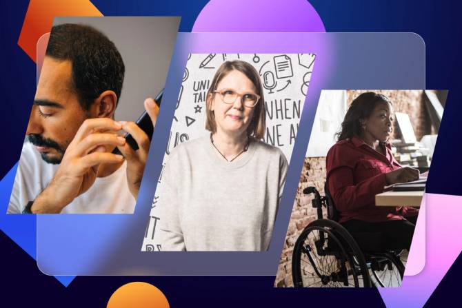 three small diagonal rectangle images inset a blue, purple and orange background; the first image is a man with dark hair and a beard holding a phone up close to his ear; the second image is a headshot of a woman with chin-length hair and pink glasses wearing a tan sweater; the next is a woman sitting in a wheelchair at a desk wearing a red suit and shoulder-length black hair