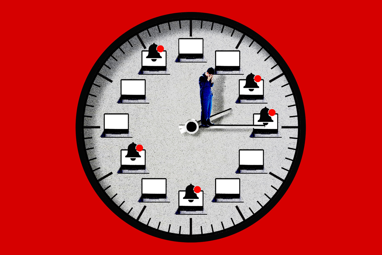 an illustration of a person in the middle of a clock surrounded by laptops with notifications instead of numbers