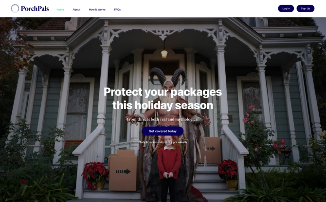 The homepage for PorchPals shows a monster who steals packages and a young girl in the foreground, and a porch with many parcels in the background. 