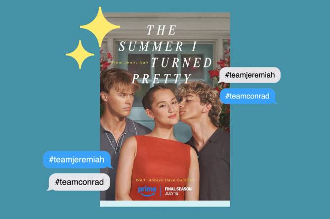 A photo collage of a poster of the Amazon show The Summer I Turned Pretty surrounded with iPhone message bubbles, reading #teamjeremiah and #teamconrad