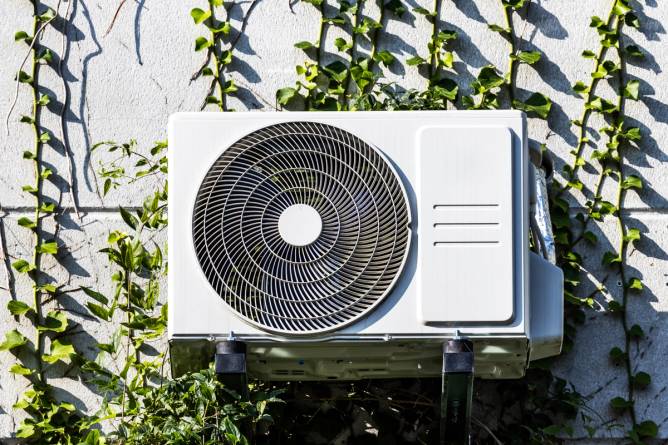 A heat pump outside a home.