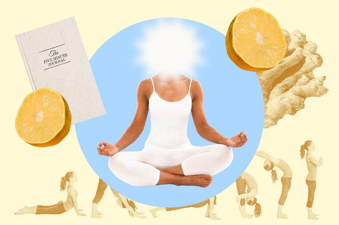 Illustration of a woman doing yoga surrounded by lemons