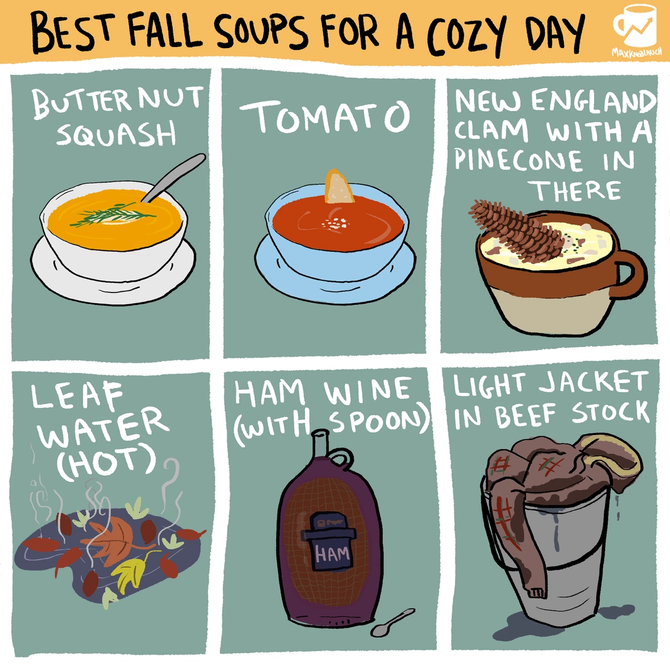 A cartoon with a list of fall soups