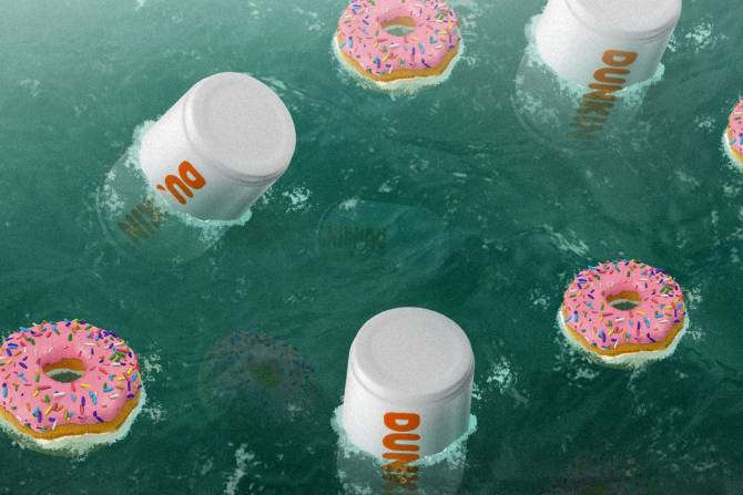 Dunkin' coffee and donuts floating in the water