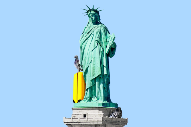 The Statue of Liberty looking sad with a suitcase and pigeon