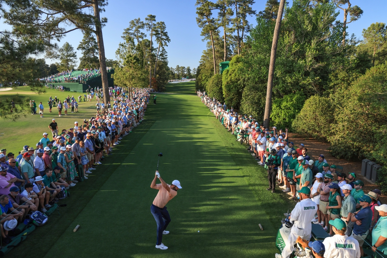 an overhead shot of the driving range during the Master golf tournament final round