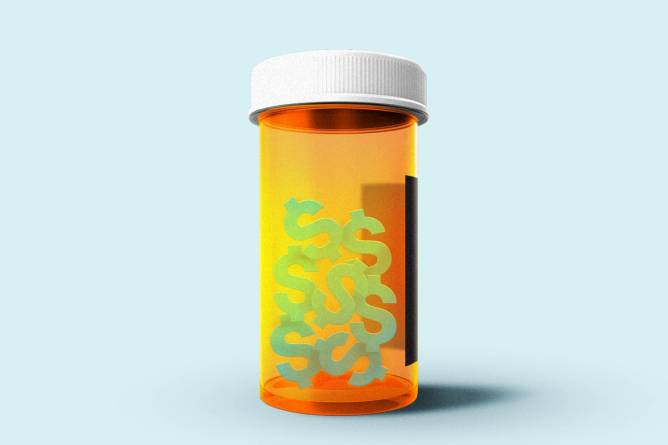 Pill bottle with dollar signs.