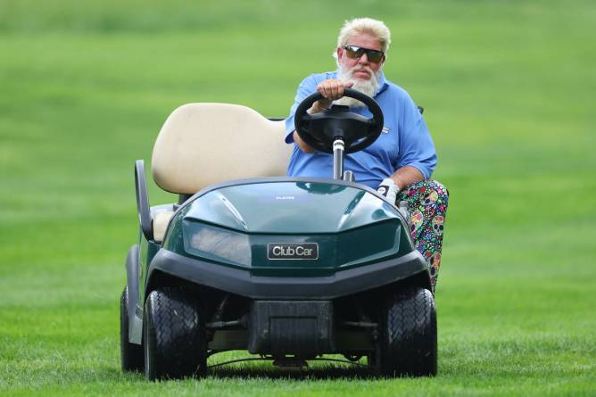 John Daly of the United States rides in a golf cart on the 16th hole during the first round of the 2024 PGA Championship at Valhalla Golf Club on May 16, 2024 in Louisville, Kentucky.