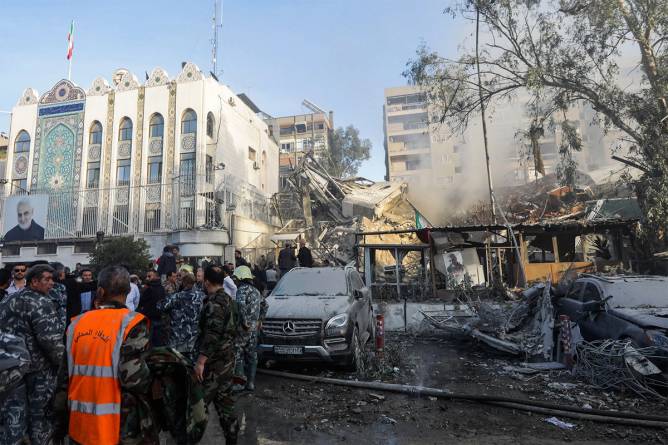 The aftermath of a missile, presumed to be Israeli, that struck the Iranian consulate in Damascus