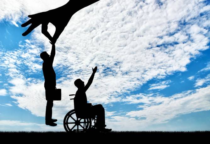 Employer (signified by a hand) reaches out and takes a non-disabled person instead of the visibly disabled person