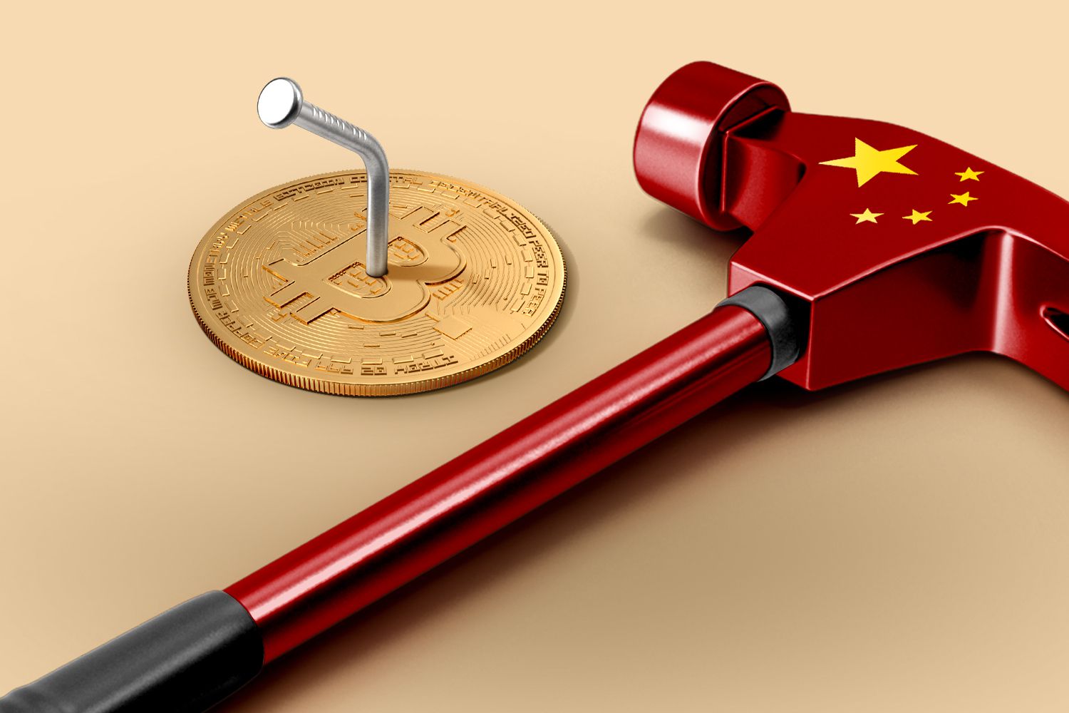 A red hammer with the Chinese flag's stars on it next to a bitcoin with a bent nail in it.
