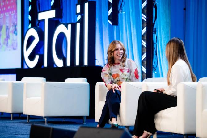 Kendra Scott CMO Michelle Petersen and Retail Brew reporter Maeve Allsup chat onstage at eTail West.