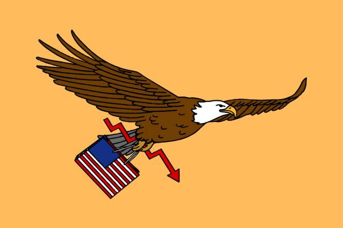 Eagle flying with down arrow and american flag shopping bag