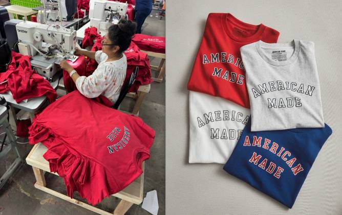 A worker sews American Giant T-shirts that will sell exclusively at Walmart in a Los Angeles sewing facility.