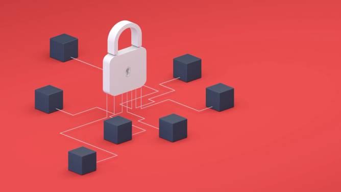 an illustration of a white padlock with thin white lines extending from the padlock to black cubes in front of a red background