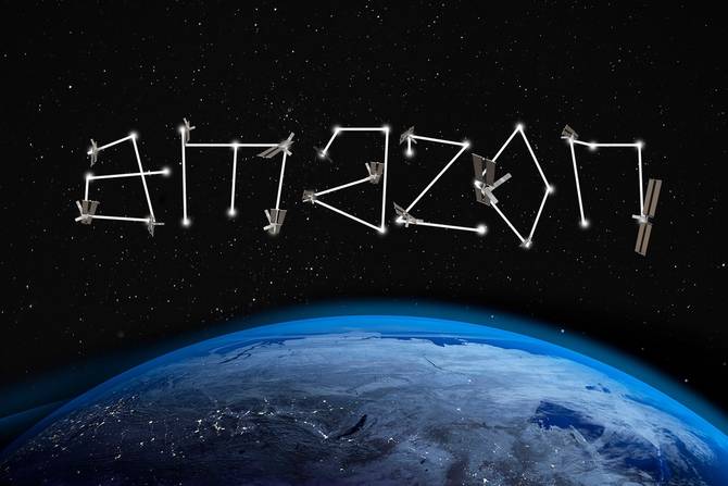 Photo illustration of a constellation of Amazon satellites spelling out the company name