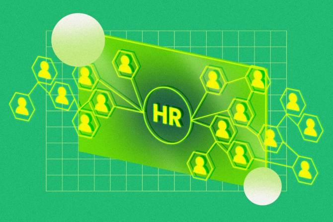 green image with the word HR in the center connected to a network of humans in hexagons on a grid 