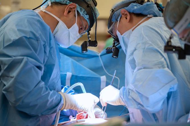 Surgeons performing a double lung transplant