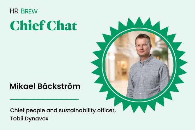 light green postcard style image; on the left it says HR Brew Chief Chat; Mikael Bäckström, chief people and sustainability officer, Tobii Dynavox. On the right is a round image of a man with short brown hair wearing a grey button down shirt