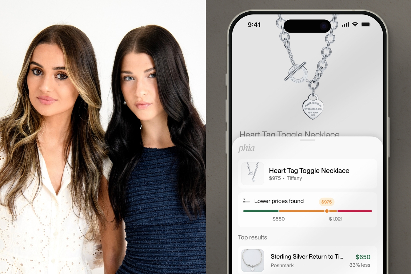 Phia founders Sophia Kianni and Phoebe Gates on the left; on the right, a mobile phone screen showing how the shopping tool Phia highlights lower prices of searched items for sale 