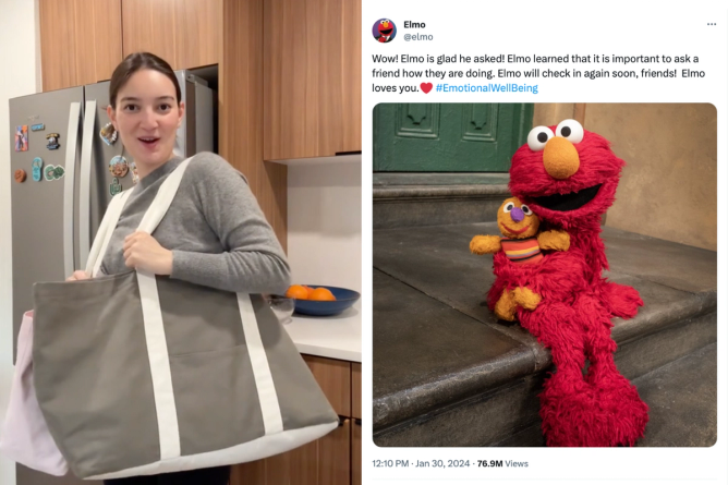 Influencer Emily Mariko showing off a tote bag she is selling, and an image of Elmo posted on the puppet's X account