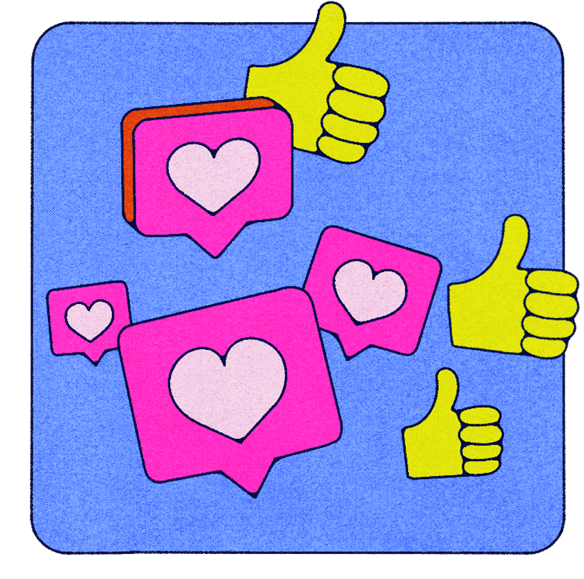 heart and thumbs-up icons floating