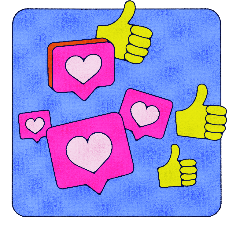 heart and thumbs-up icons floating