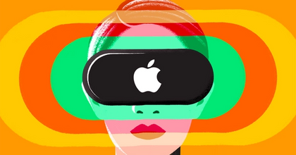 Apple AR/VR headset concept on the eyes of a woman with green, orange, red, and yellow background
