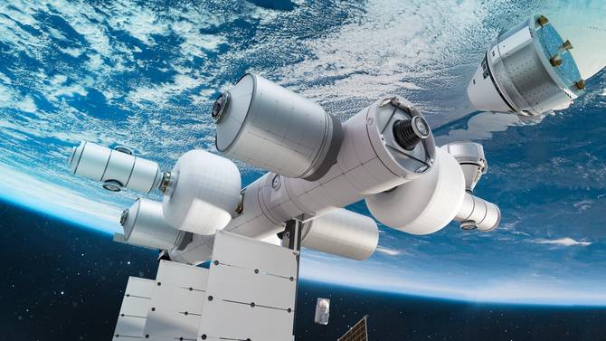 A computer generated image of Blue Origin's planned private space station orbiting earth