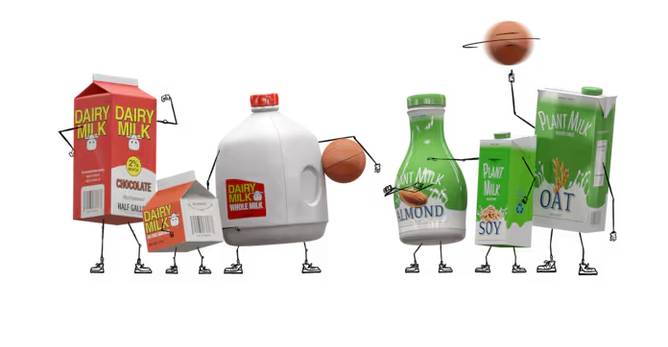 An illustration where containers of dairy milk and plant milk are pitted against one another in a basketball game. 