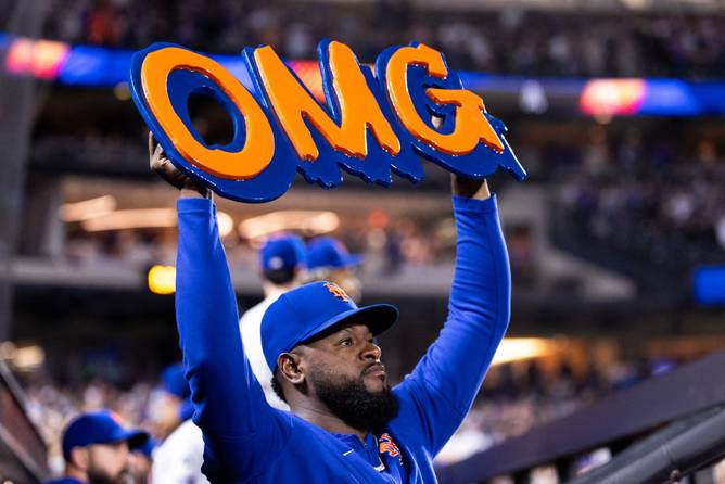 Luis Severino #40 of the New York Mets holds up an OMG sign during the fourth inning pf the game against the Washington Nationals at Citi Field on September 18, 2024