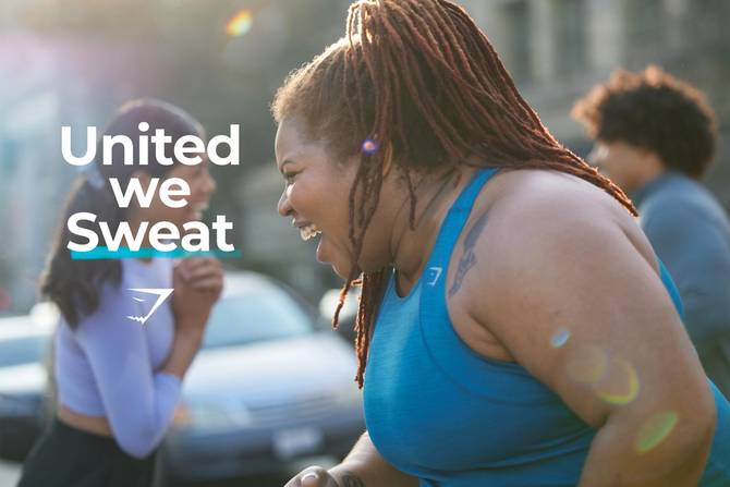 a picture of runner Latoya Snell laughing next to the text "United We Sweat"