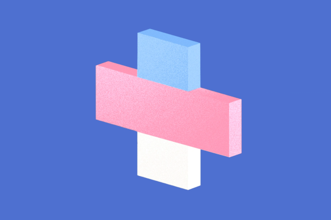 A medical cross colored in with the transgender flag colors