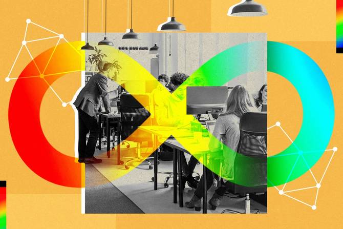 mustard backsplash; inset is a square black and white image of people sitting at desks, working. Over the image is an infinity symbol, with a rainbow gradient.