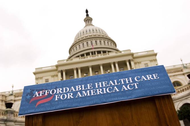 The podium waits for House Speaker Nancy Pelosi, D-Calif., and other speakers before an event on the West Front of the U.S. Capitol on October 29, 2009 unveiling the long-awaited House Democratic health care overhaul package, known as the "Affordable Health Care for America Act." (Credit: Scott J. Ferrell/Getty Images)