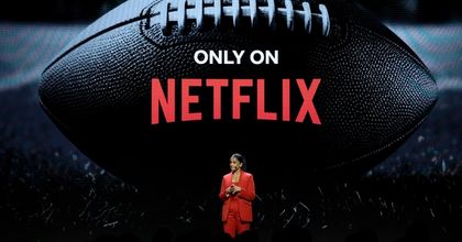 Netflix Chief Content Officer, Bela Bajaria, speaking on stage at the 2024 Upfront revealing the NFL and Netflix partnership