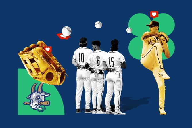 Hartford Yard Goats baseball players beneath a baseball hitting a heart icon.