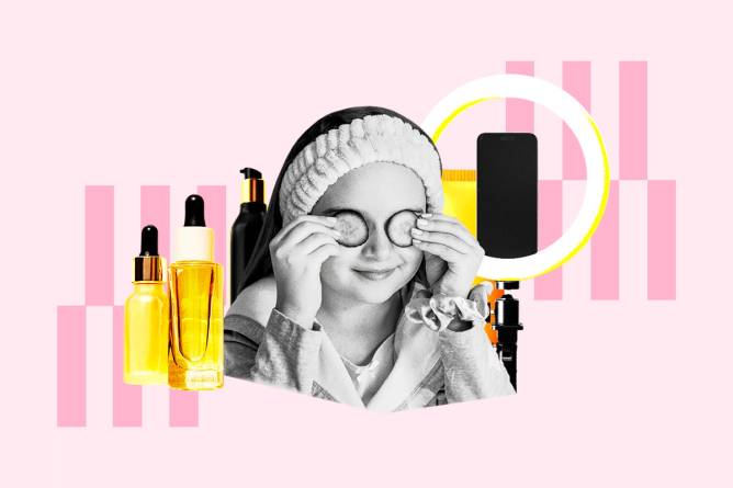 Collage of young girl doing skincare and skincare products surrounding her.