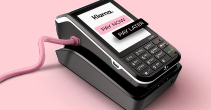 POS system with Klarna logo and "Pay Now" and "Pay Later" test on screen with a pink cord on top of a pink background